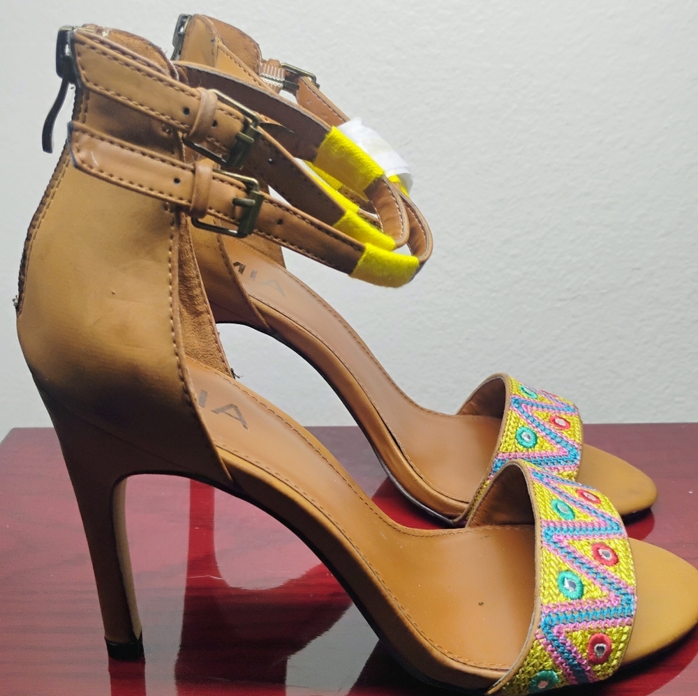 ** 3 For $15 Sale **       MIA Tan Heels with Colorful Patterned Straps